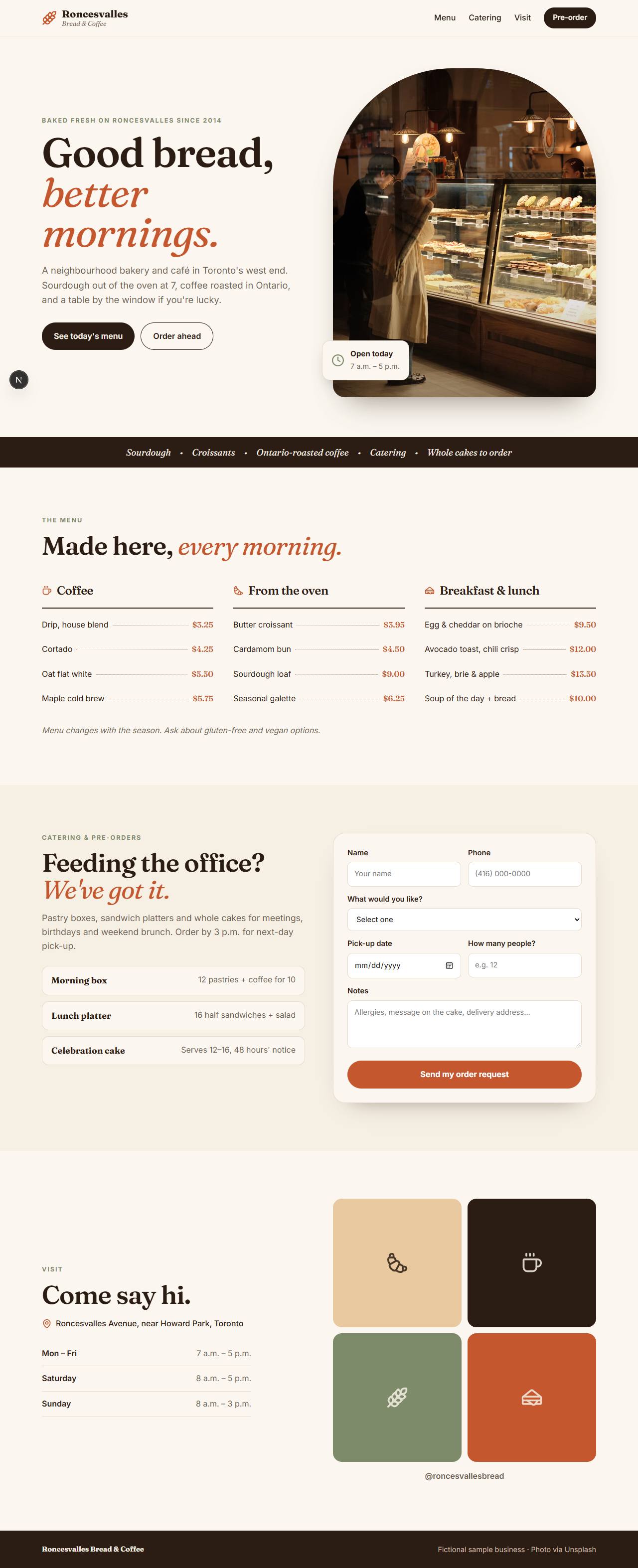 Roncesvalles Bread and Coffee, a bakery website with catering pre-orders