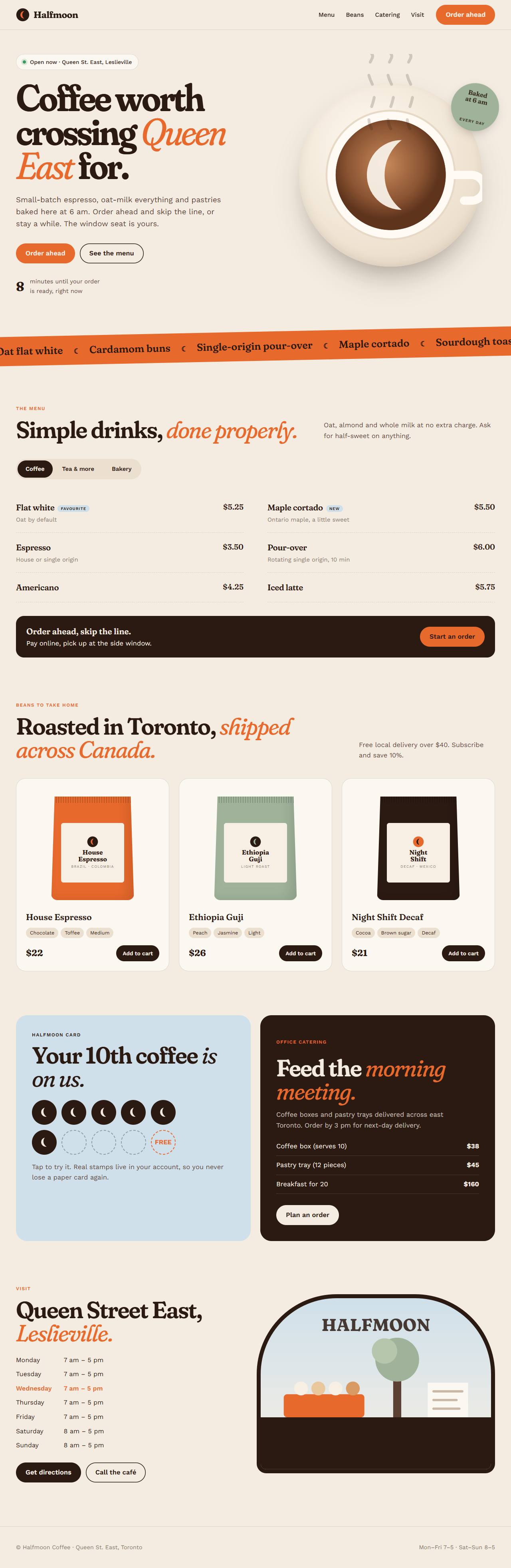 Halfmoon Coffee, a café website with order-ahead