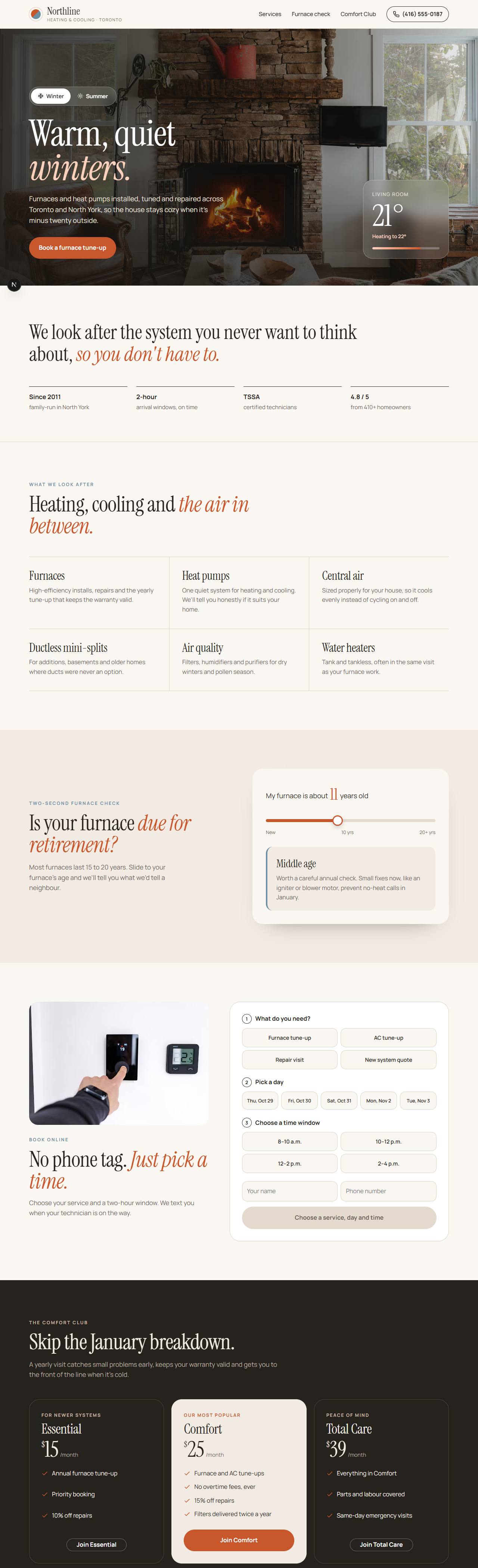 Northline Heating and Cooling, an HVAC website with online booking