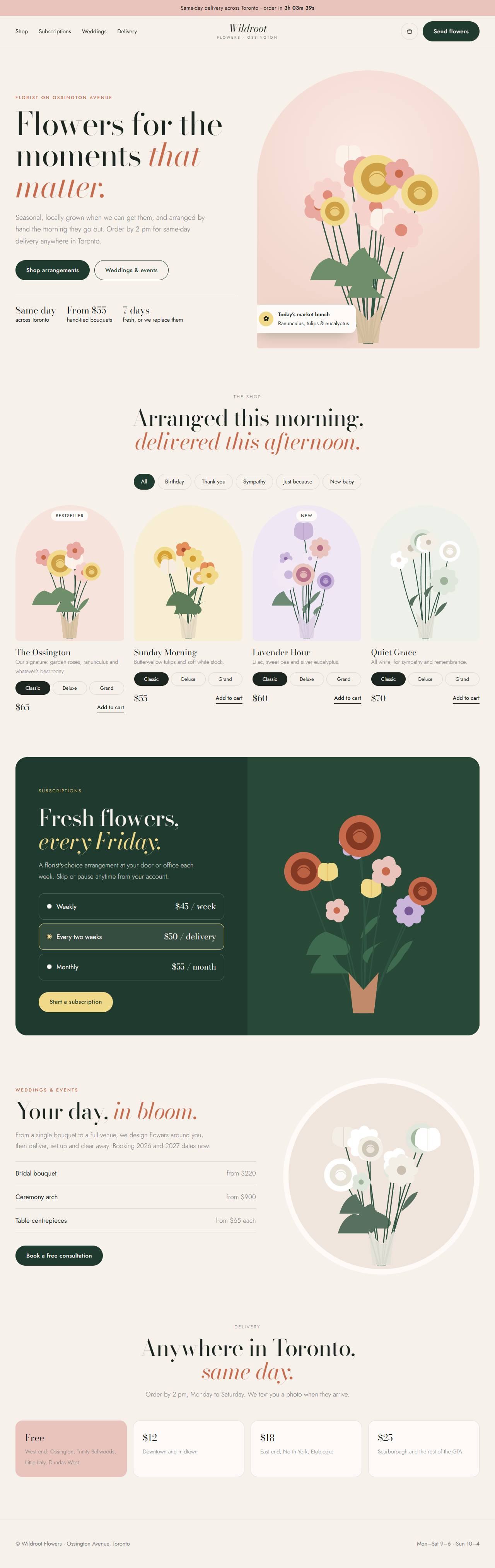 Wildroot Flowers, a florist website with same-day delivery