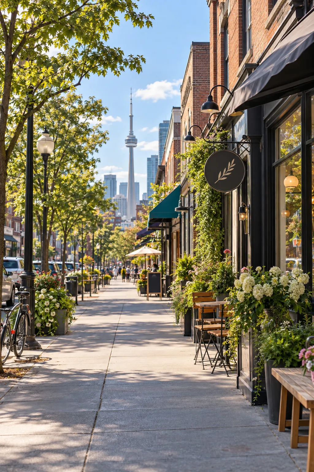 A Toronto main street lined with shops and trees, with the CN Tower behind